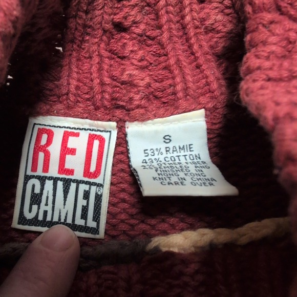 Vintage 90s Red Camel Patchwork 3D Knit Sweater Burgundy Women's S Cottagecore - Picture 3 of 7